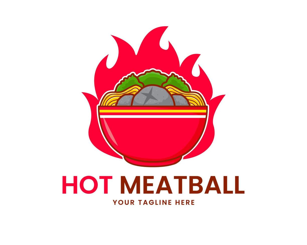 Hot meatball, noodle and vegetable with flame fire. Meatball logo cartoon. Food concept design. Asian traditional food. Isolated white background. vector