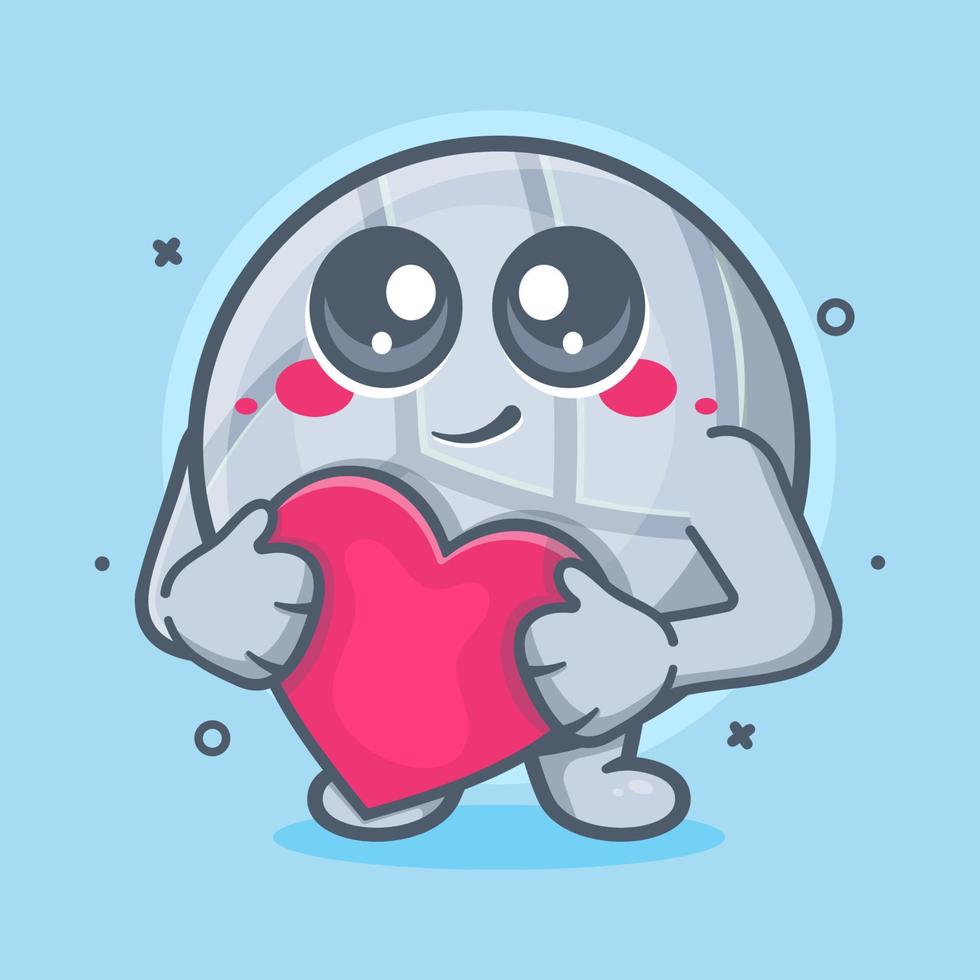 mascota divertida del personaje de la pelota de voleibol sosteniendo el signo del corazón del amor dibujos animados aislados en un diseño de estilo plano vector