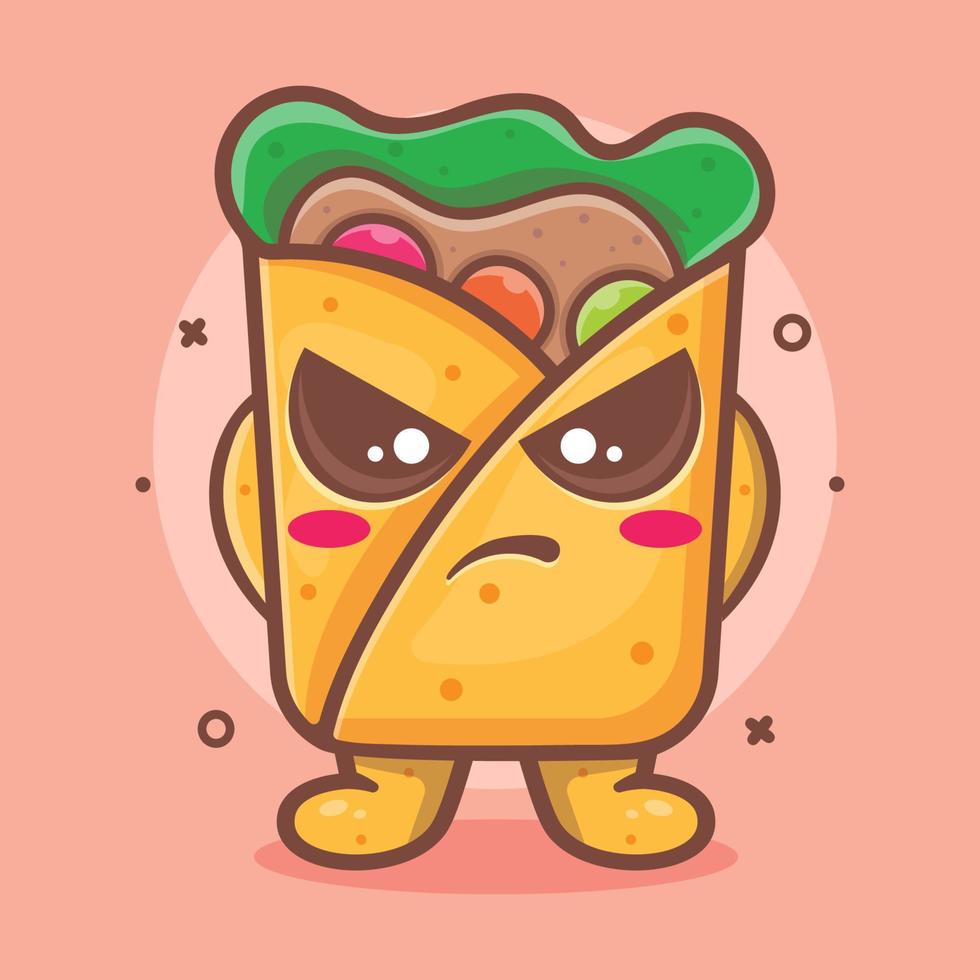 mascota de personaje de comida de burrito serio con expresión enojada dibujos animados aislados en diseño de estilo plano vector