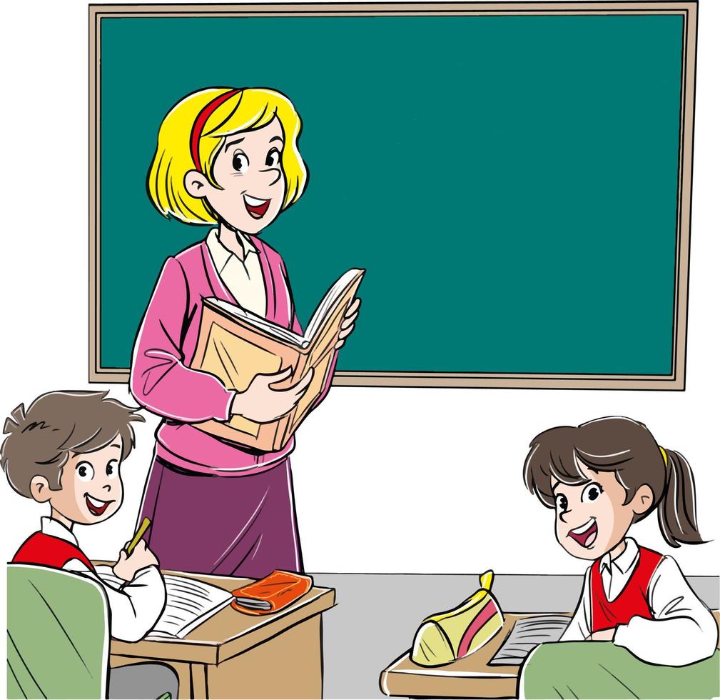 Schoolchildren give flowers to the happy teacher on the background of the school green board in classroom. Teacher's Day. vector