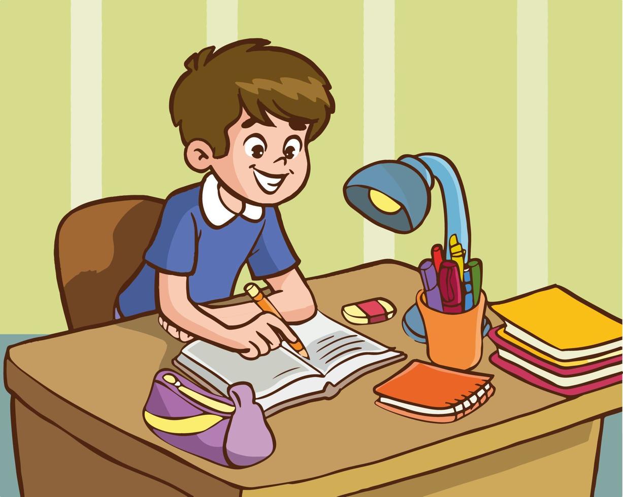 cute boy studying at the table cartoon vector illustration