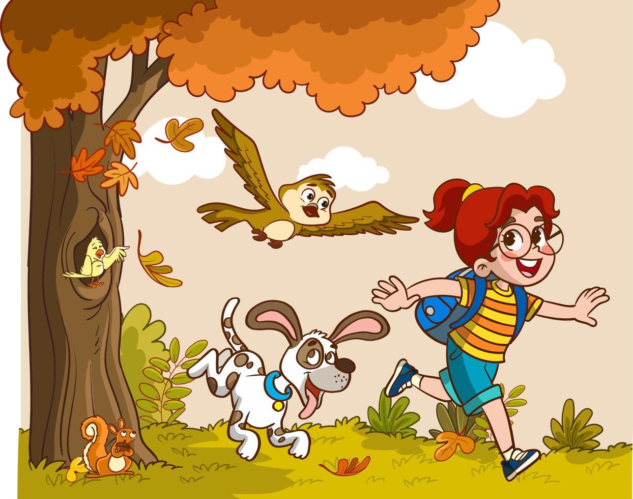 girl running from dog cartoon vector illustration