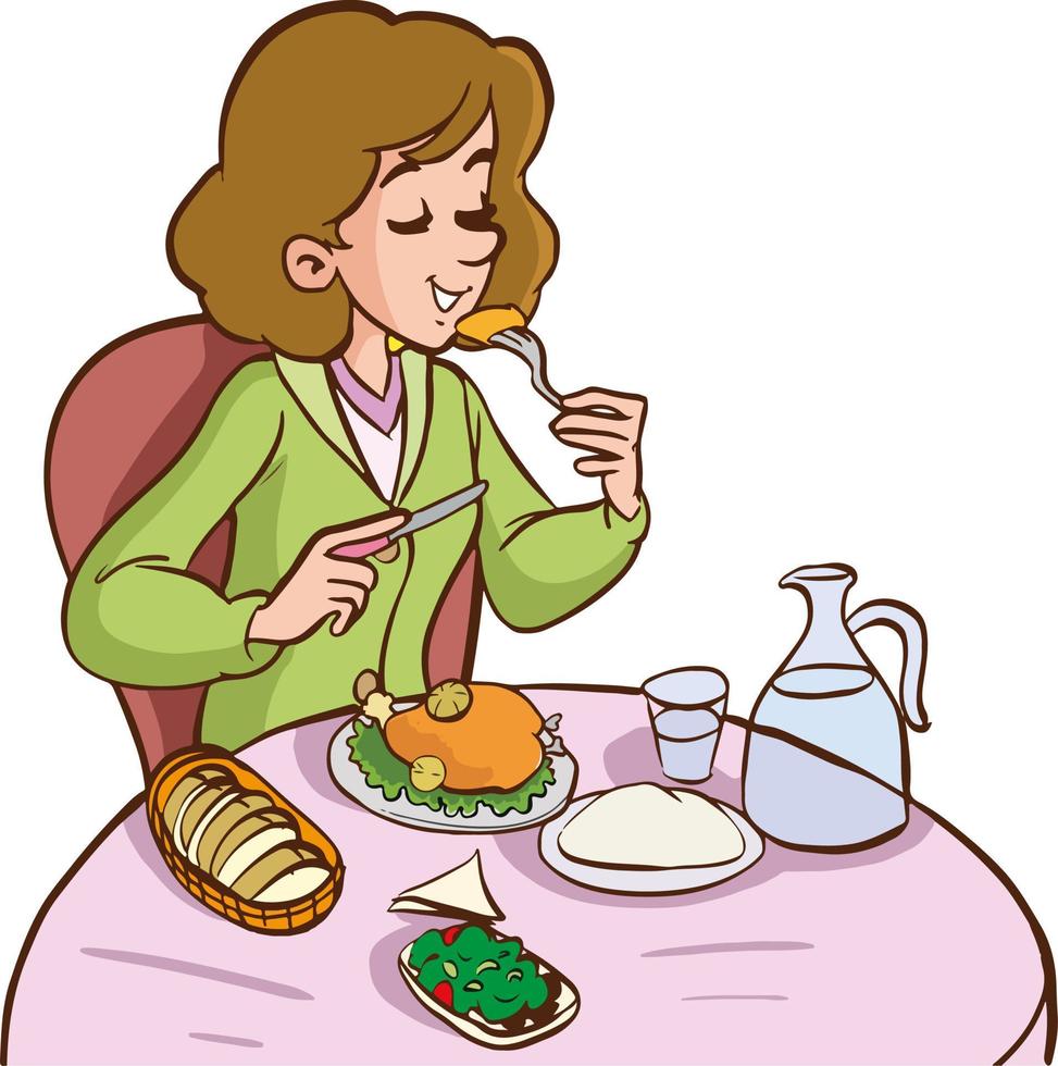 mujer joven comiendo ilustración vectorial de dibujos animados vector