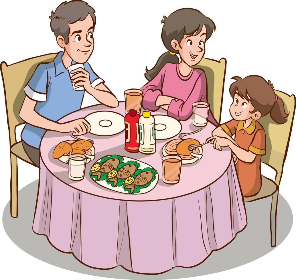 Linda familia comiendo ilustración vectorial de dibujos animados vector