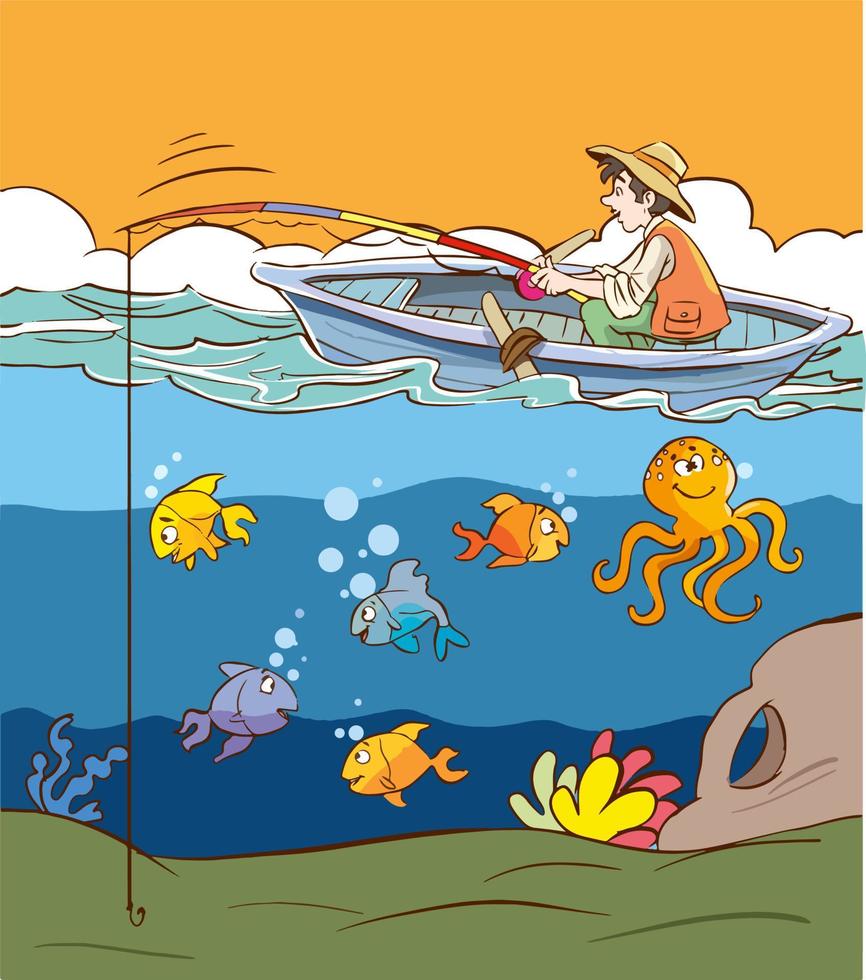 man fishing in boat and fishes underwater cartoon vector