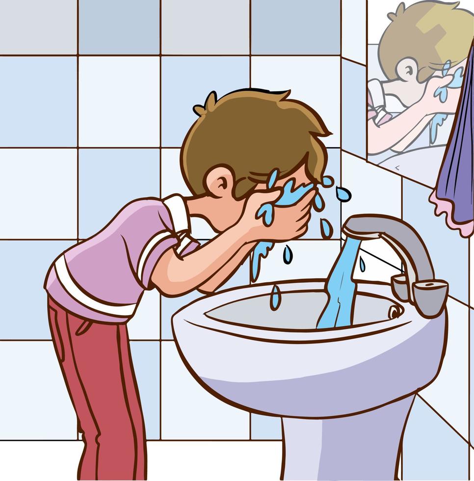 cute little boy washing his face cartoon vector illustration