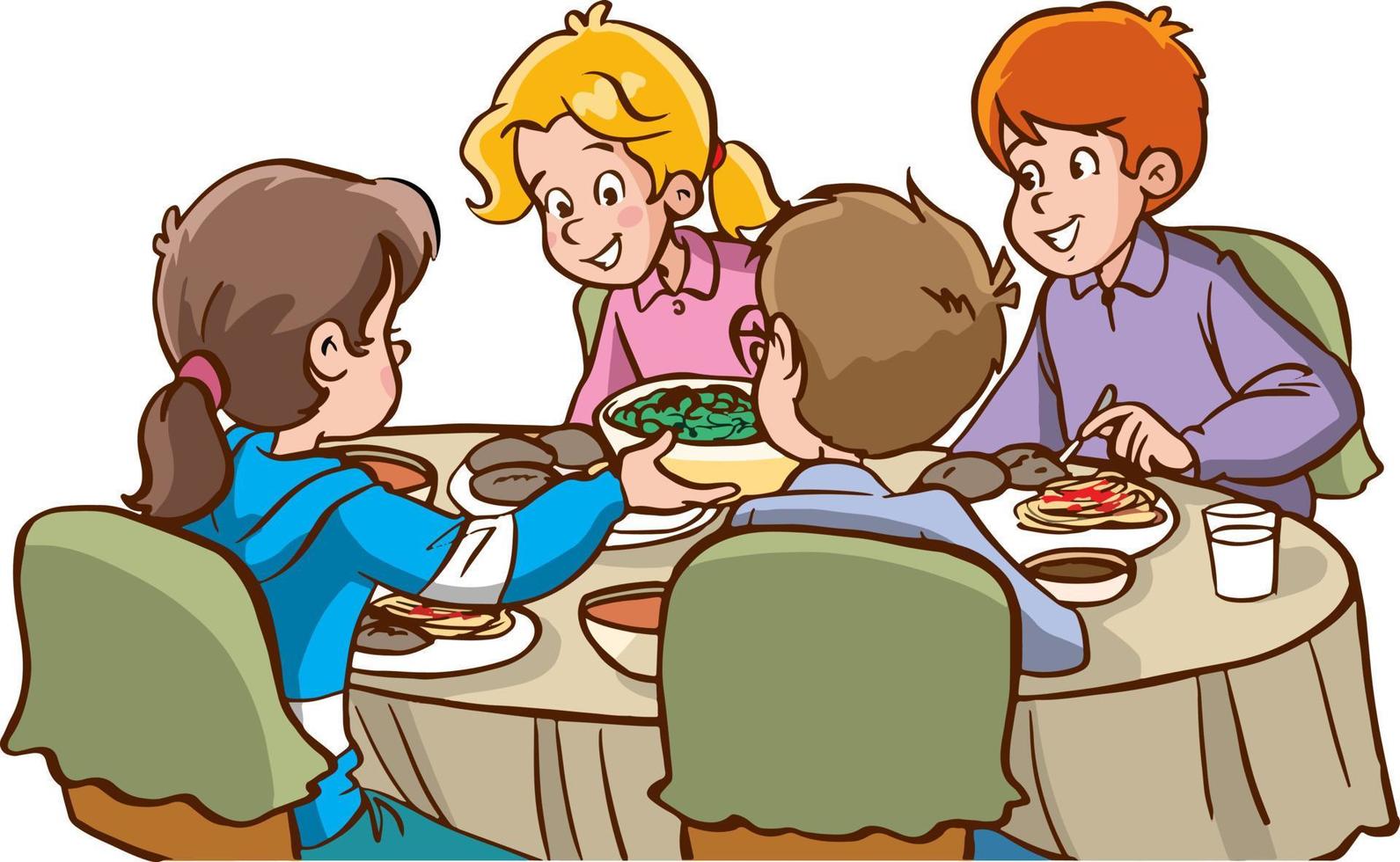 little cute children are eating together at the table cartoon vector illustration