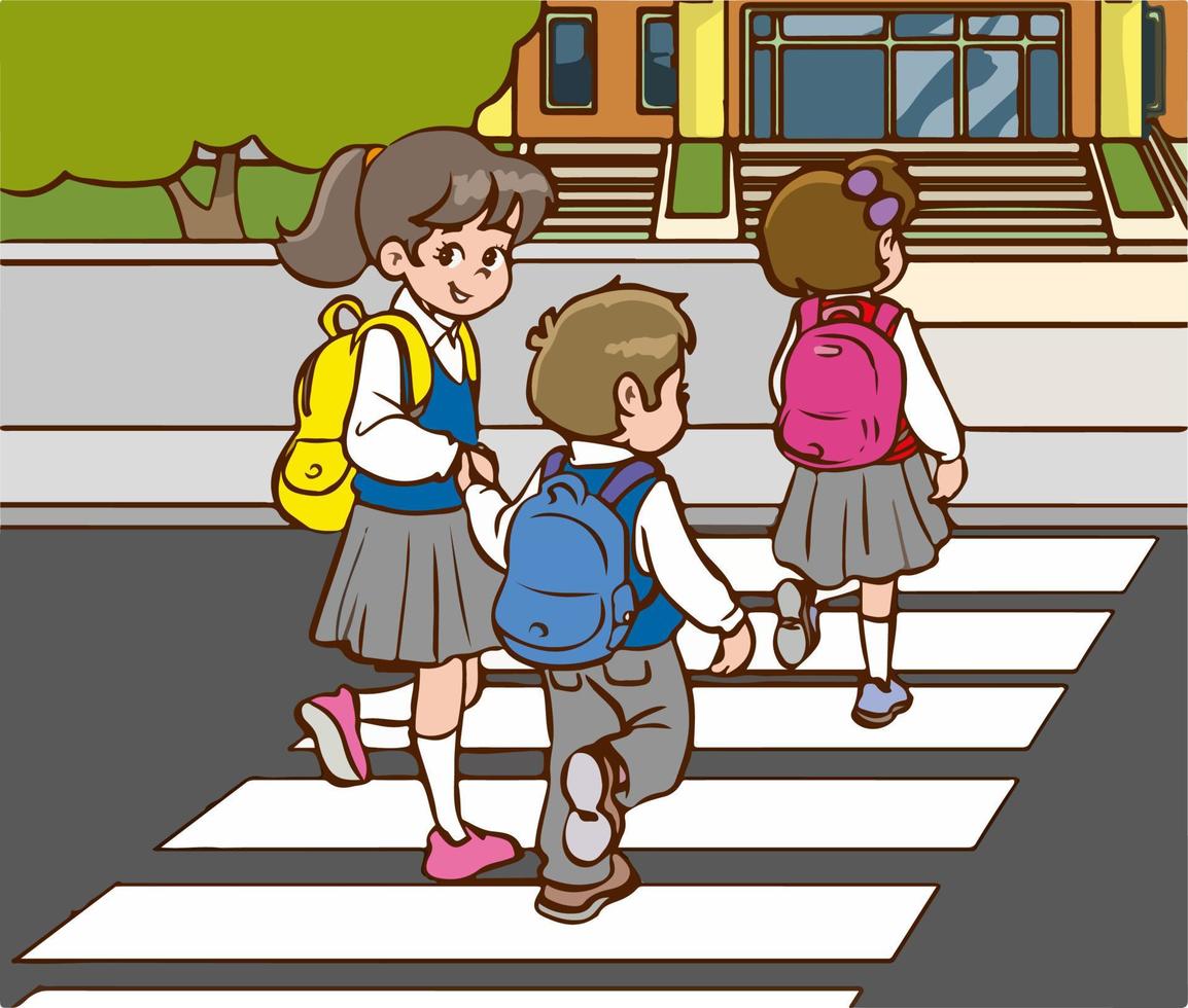 cute kids crossing the crosswalk cartoon vector illustration