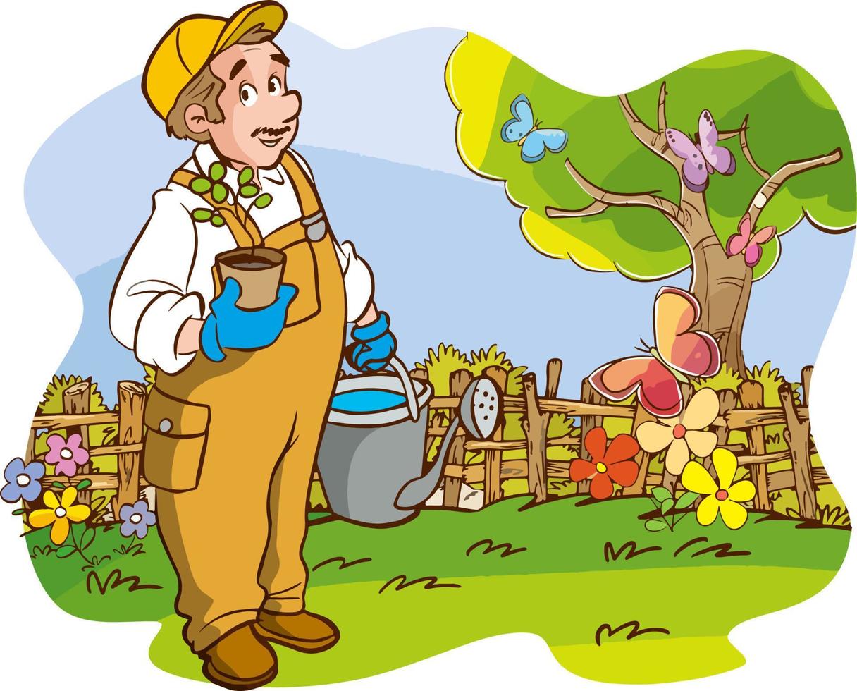 gardener planting flowers in the garden cartoon vector illustration