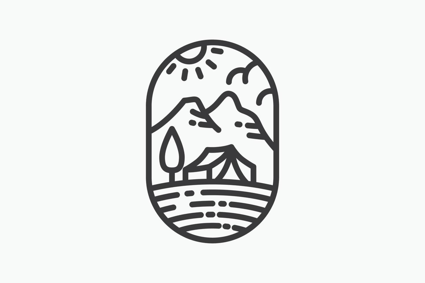 camping logo with a combination of tent, tree, mountains and sun. vector