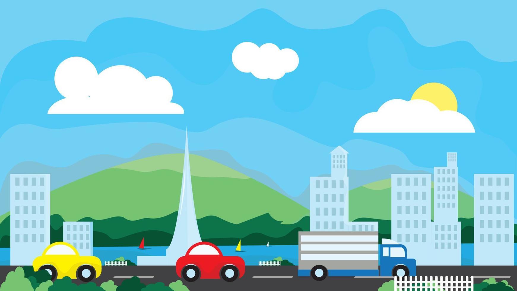 Urban landscape with modern buildings and mountains and hills. Street, highway with cars. city and suburban life background design concept. good layer organized suitable for  animation vector