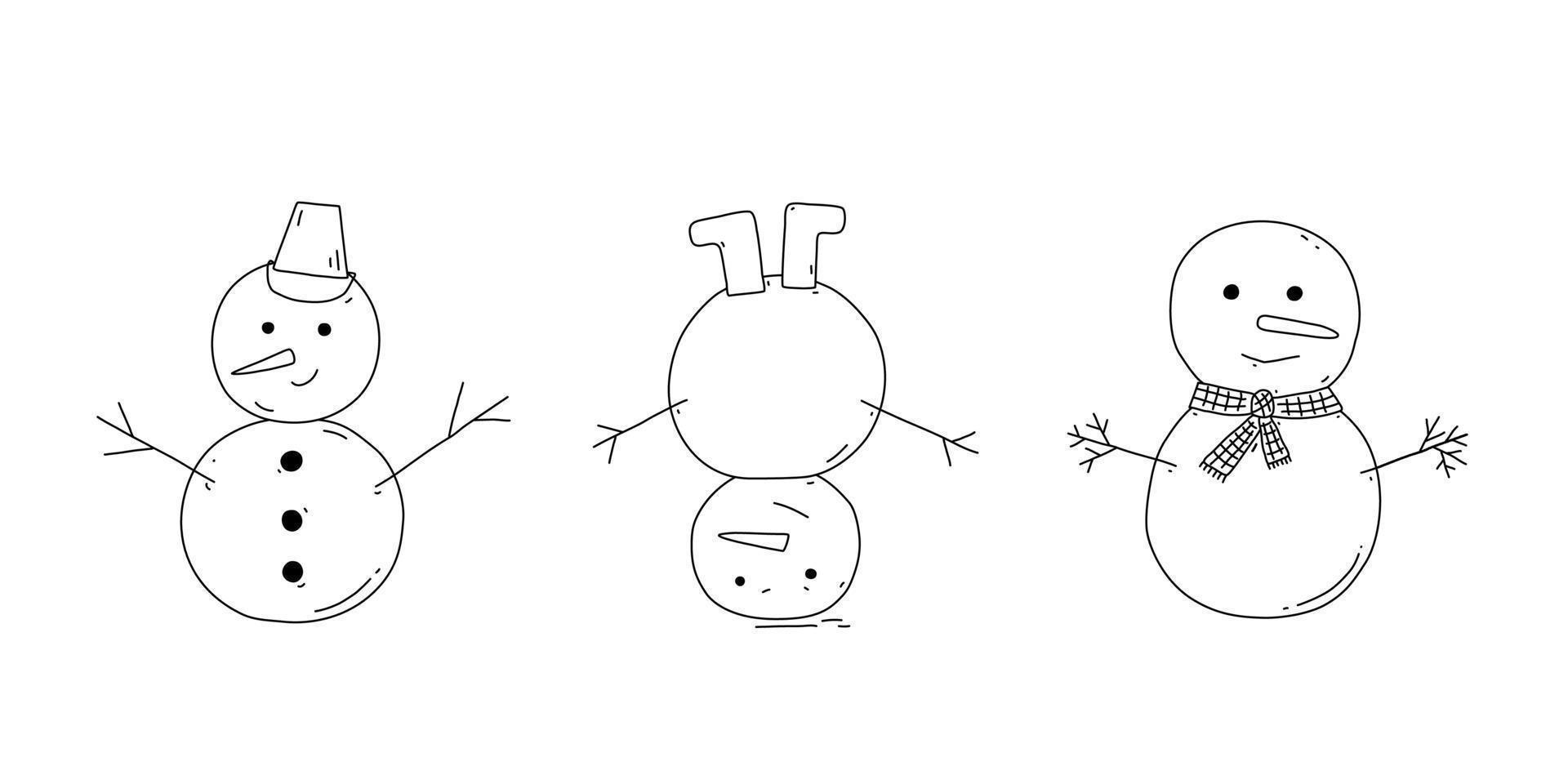 Various snowmen doodle vector illustration. Winter holidays character. Christmas symbol. Snowman line drawing with different accessories collection. Design element for cards, sticker, coloring pages