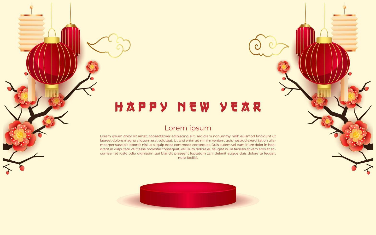 white chinese new year with empty podium with flower ornaments vector