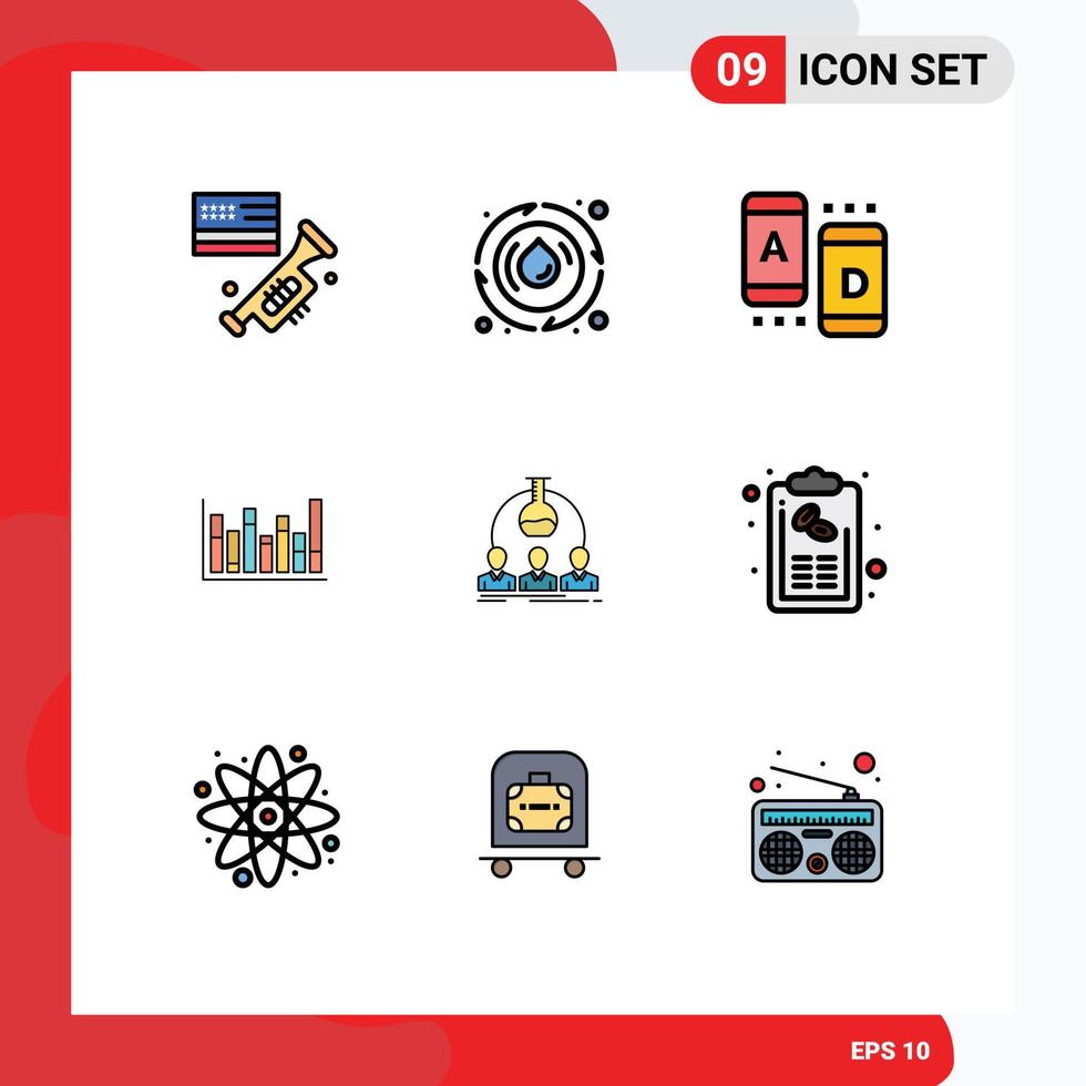 Group of 9 Filledline Flat Colors Signs and Symbols for lab down ad up graph Editable Vector Design Elements