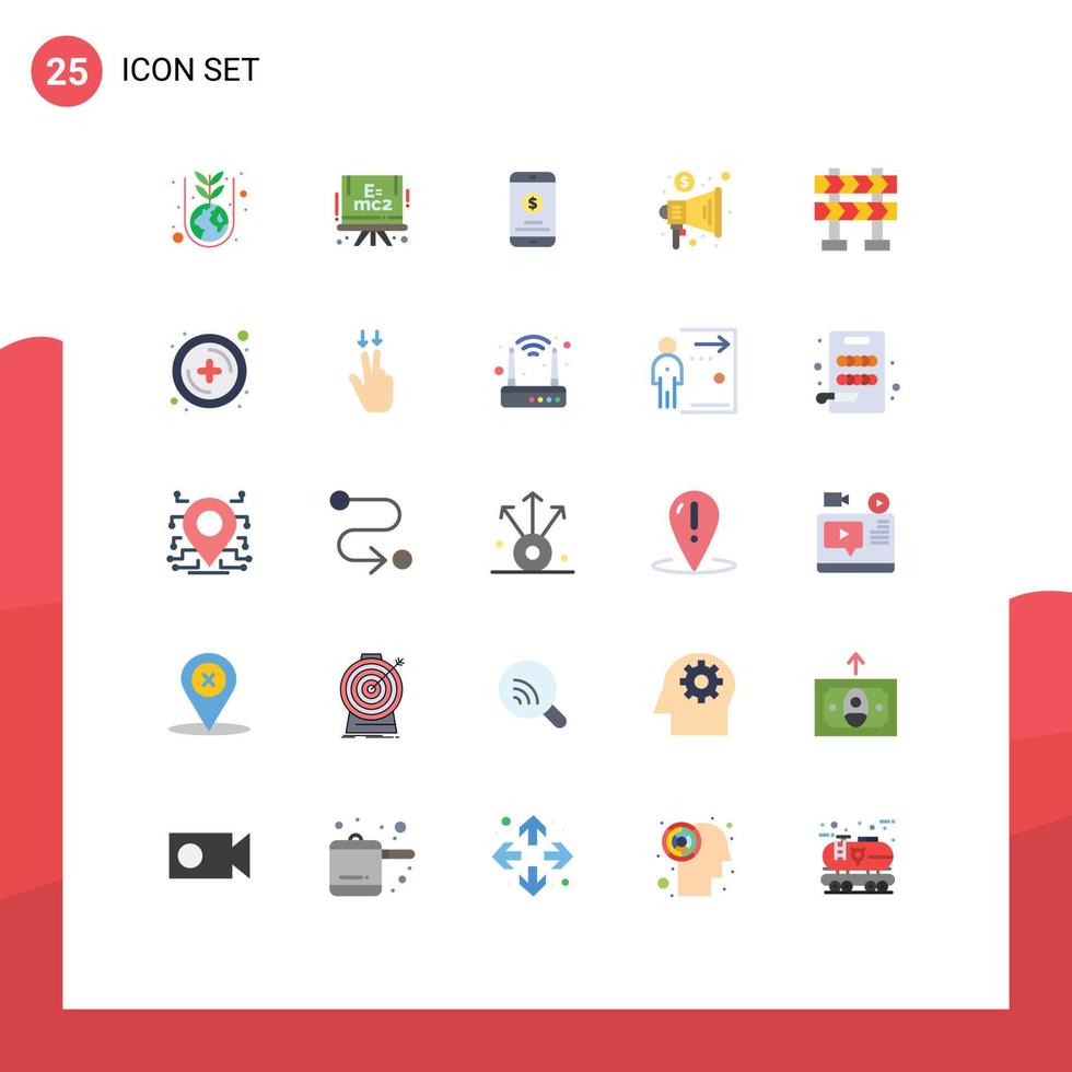 paquete de 25 signos y símbolos modernos de colores planos para medios impresos web, como publicidad de megáfonos móviles comerciales de barrera, elementos de diseño de vectores editables