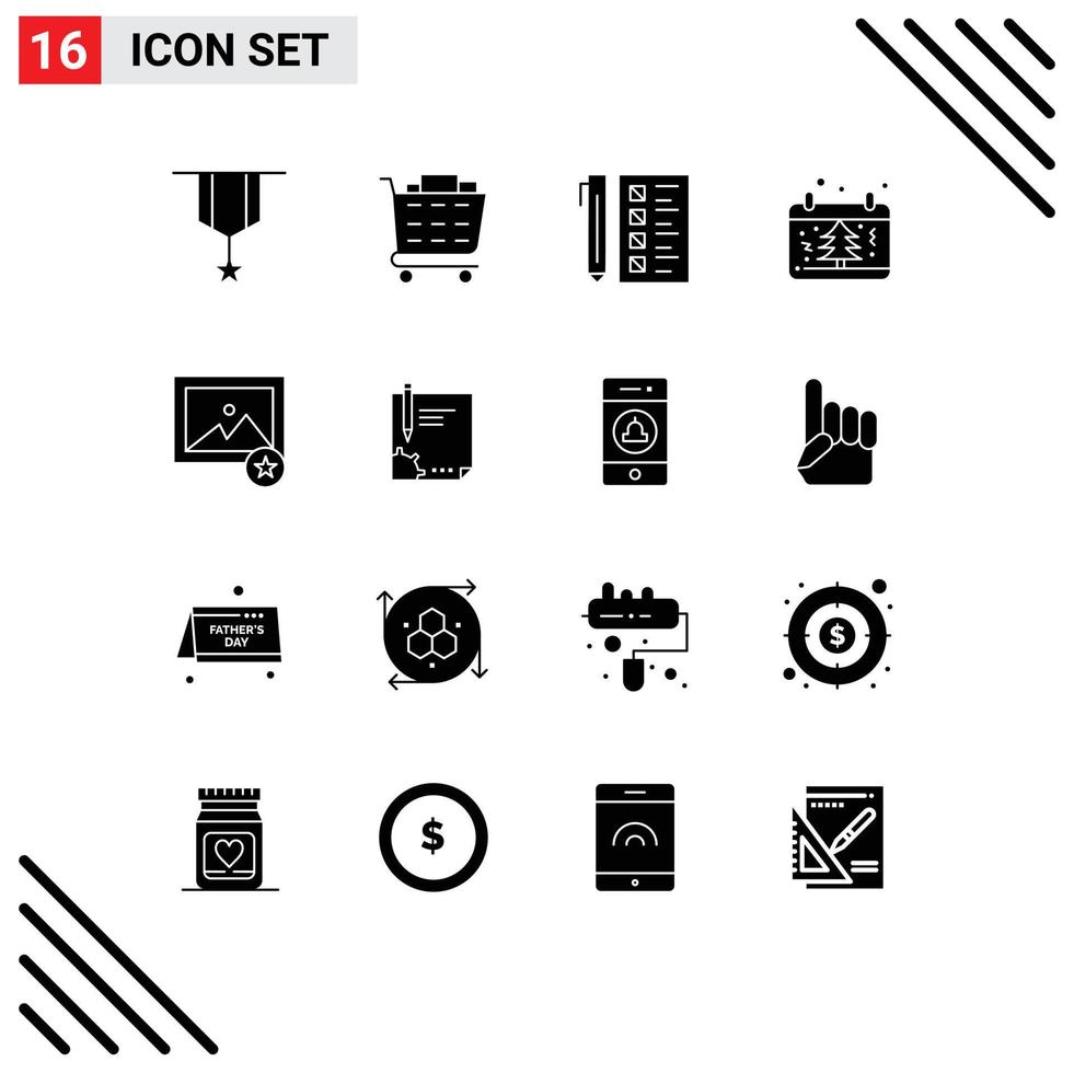 Pack of 16 Modern Solid Glyphs Signs and Symbols for Web Print Media such as xmas christmas business date document Editable Vector Design Elements