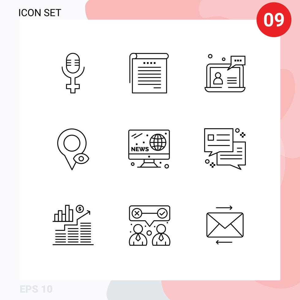 conjunto de 9 iconos de interfaz de usuario modernos símbolos signos para noticias pasatiempos puntero de usuario ubicación elementos de diseño vectorial editables vector