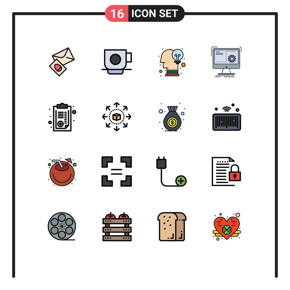 Universal Icon Symbols Group of 16 Modern Flat Color Filled Lines of document process brain function command Editable Creative Vector Design Elements