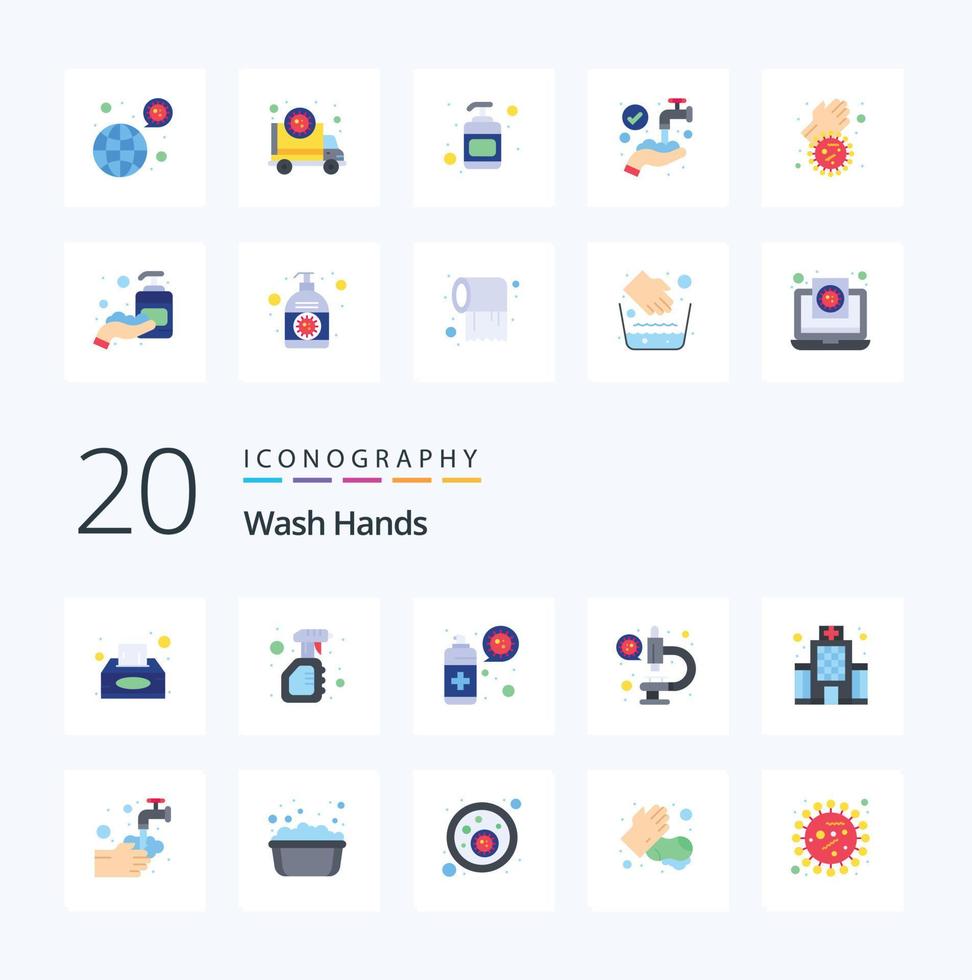 20 Wash Hands Flat Color icon Pack like building microscope virus laboratory protection vector