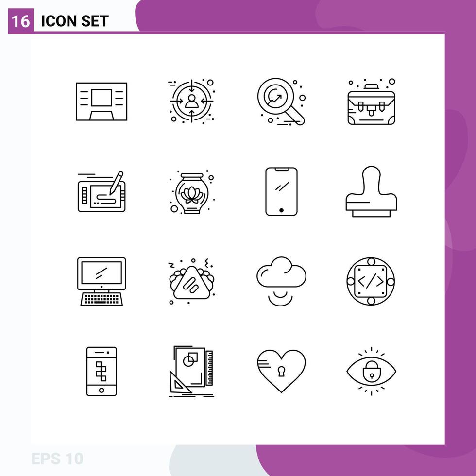 Pack of 16 creative Outlines of pad pencil study game suitcase Editable Vector Design Elements