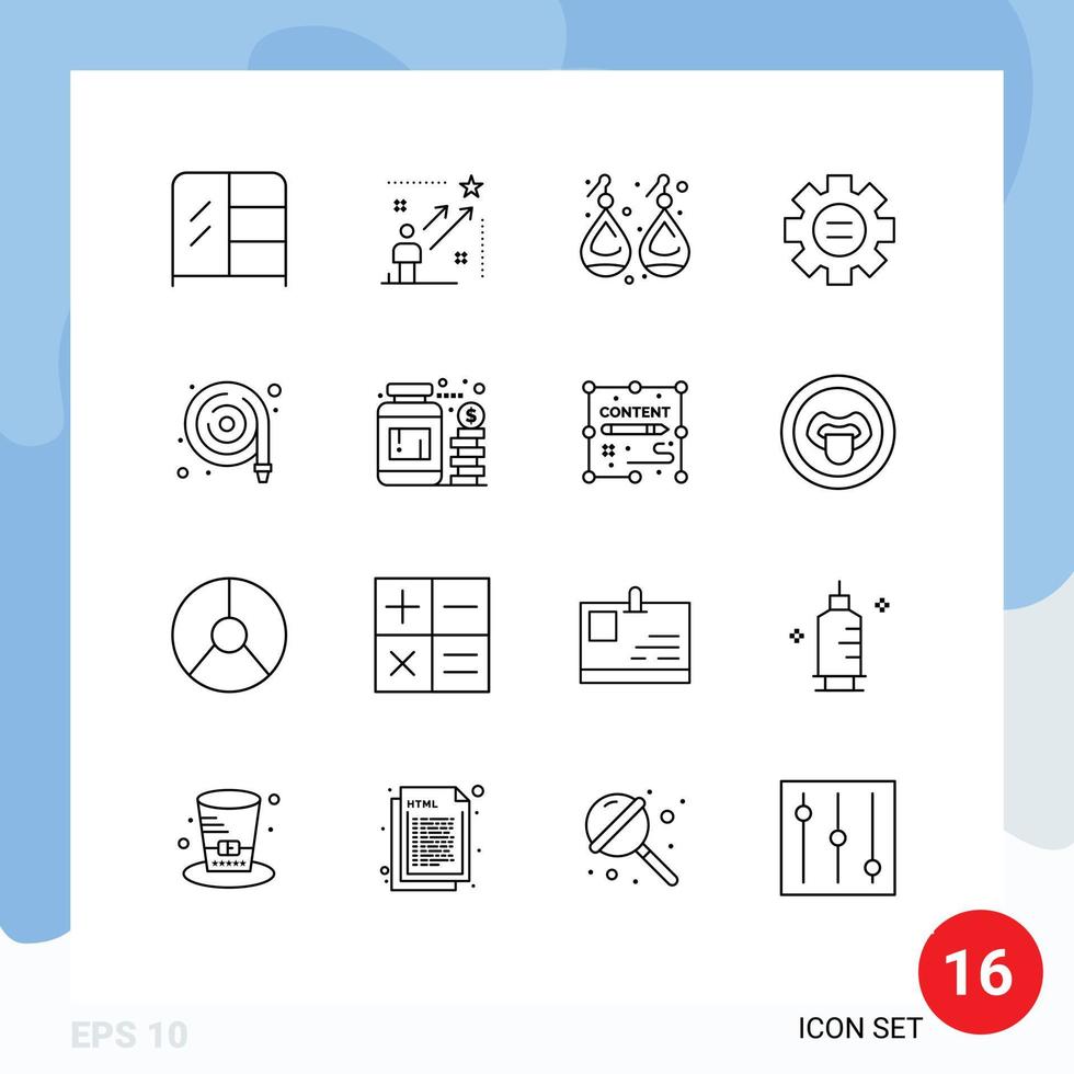 Pack of 16 Modern Outlines Signs and Symbols for Web Print Media such as hose gear earplugs setting world Editable Vector Design Elements