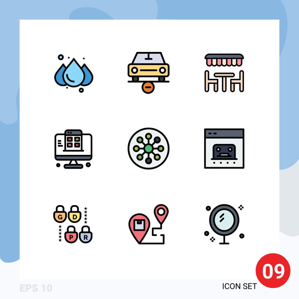 Group of 9 Modern Filledline Flat Colors Set for biology app resturant mobile development Editable Vector Design Elements