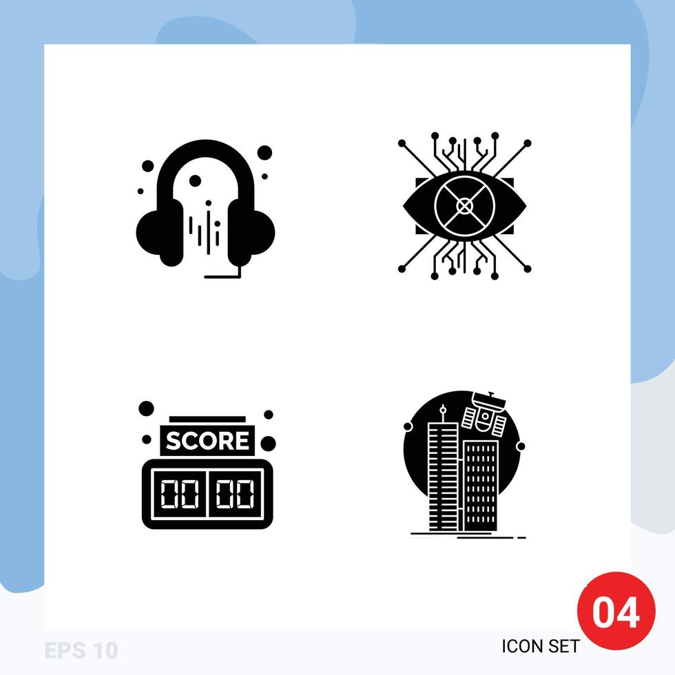 4 Thematic Vector Solid Glyphs and Editable Symbols of headphone digital ar eye building Editable Vector Design Elements