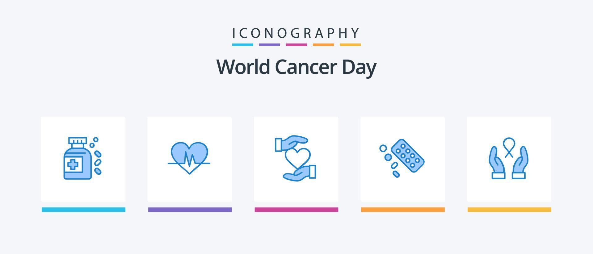 paquete de iconos azul 5 del día mundial del cáncer que incluye cáncer de mama. tratamiento. dar. tableta. medicina. diseño de iconos creativos vector