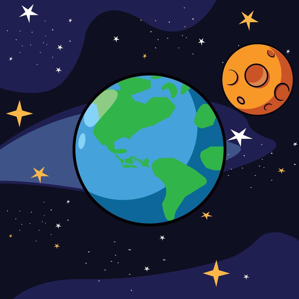The Earth and moon in space, cartoon vector illustration