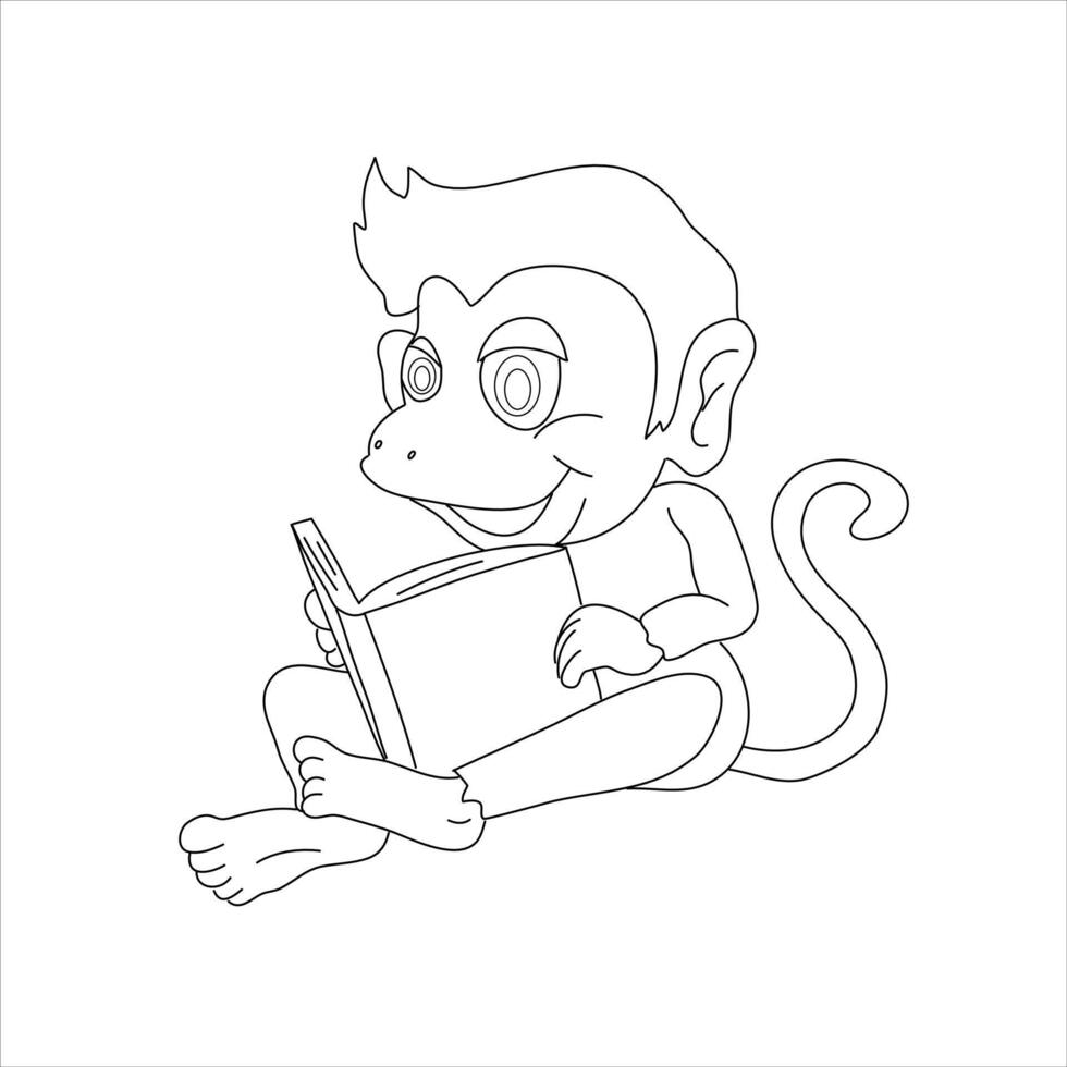 a monkey reading for coloring book in vector illustration