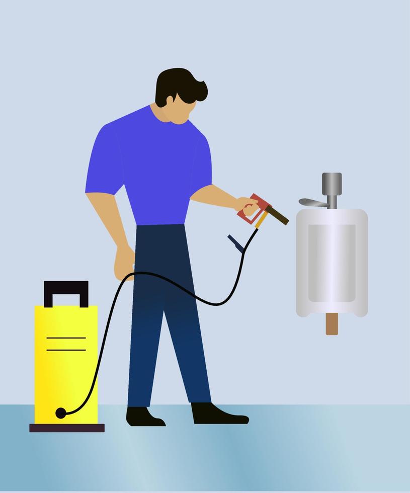 Janitor man cleaning sink in public toilet or restroom, cleaning service management vector illustration