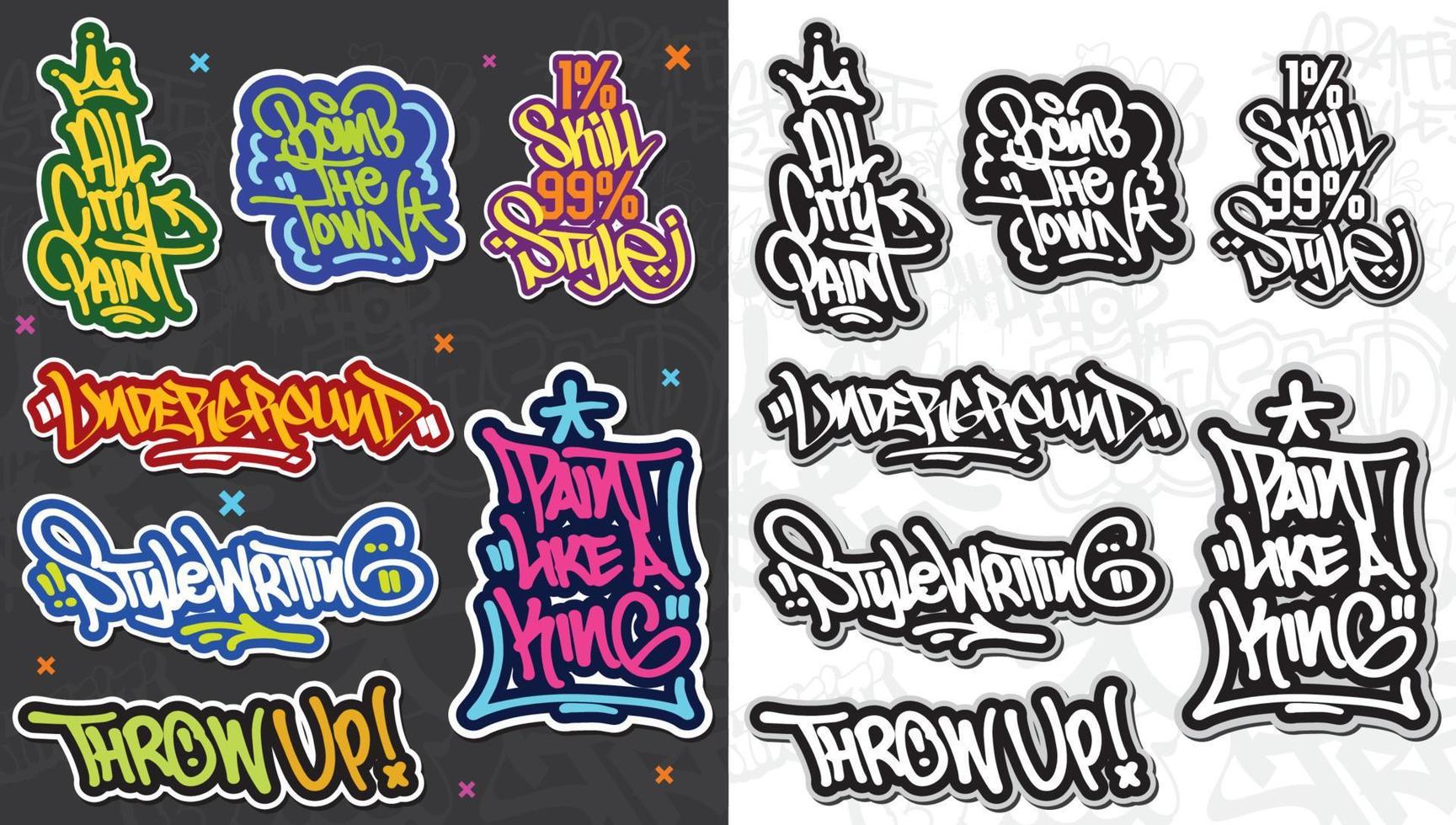 A set of colorful or vibrant graffiti art stickers. Street art theme, urban style for T-shirt design, graffiti design for wallpaper, wall art or print art designs. vector