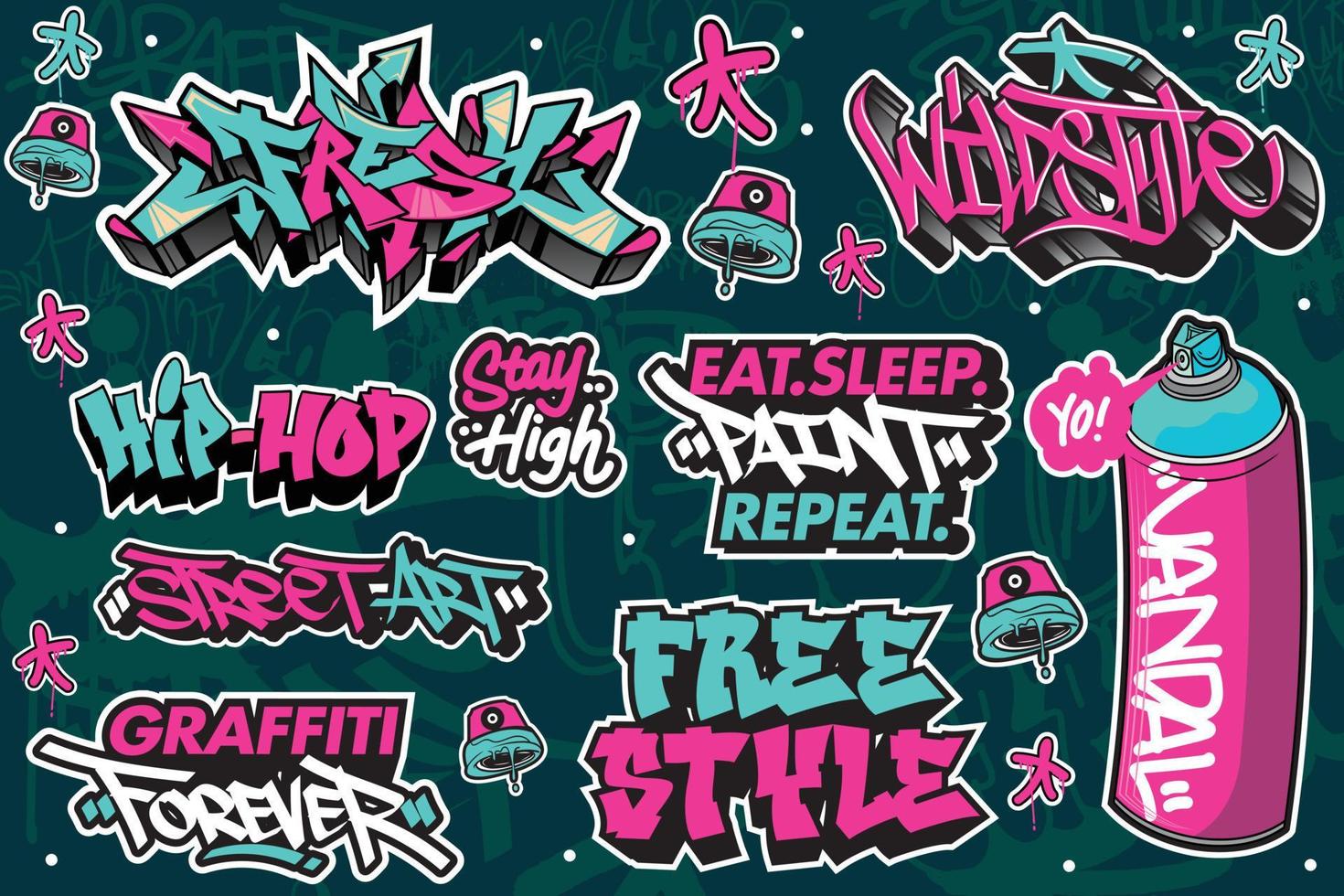 un conjunto de pegatinas de graffiti coloridas o vibrantes. tema de arte callejero, estilo urbano para el diseño de camisetas, diseño de graffiti para papel pintado, arte mural o diseños de arte impreso. vector