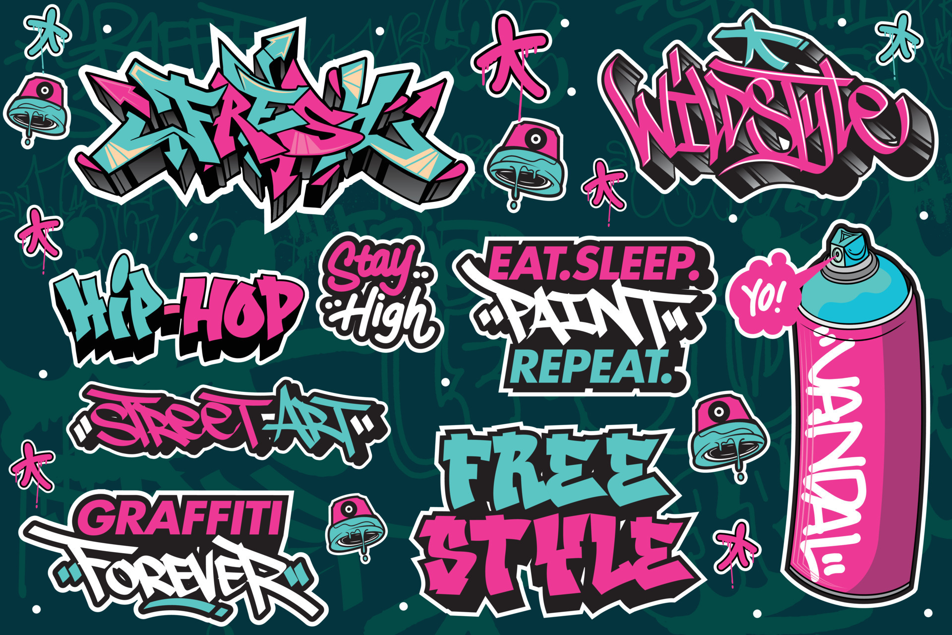 A set of colorful or vibrant graffiti art stickers. Street art theme, urban  style for T-shirt design, graffiti design for wallpaper, wall art or print  art designs. 16829841 Vector Art at Vecteezy