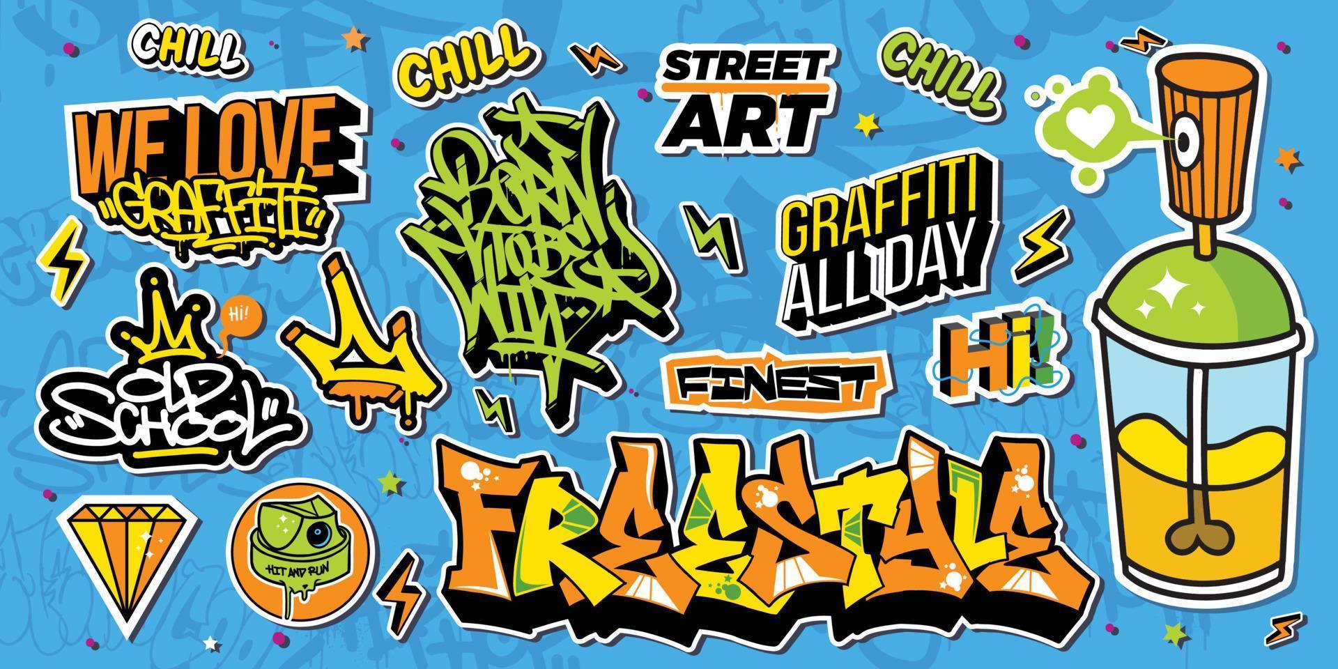 A set of colorful or vibrant graffiti art stickers. Street art theme, urban  style for T-shirt design, graffiti design for wallpaper, wall art or print  art designs. 16829858 Vector Art at Vecteezy