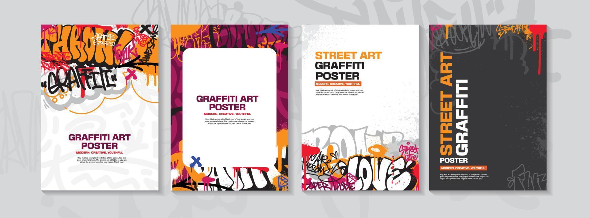 Modern graffiti art poster or flyer design with colorful tags, throw up. Hand-drawn abstract graffiti illustration vector in street art theme