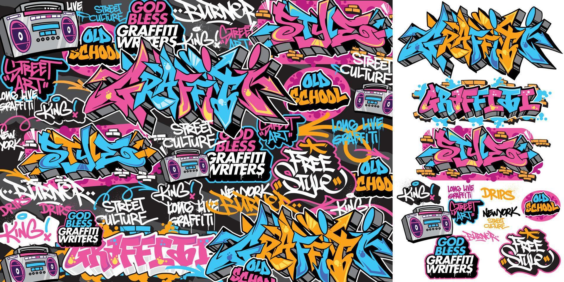 un conjunto de pegatinas de graffiti coloridas o vibrantes. tema de arte callejero, estilo urbano para el diseño de camisetas, diseño de graffiti para papel pintado, arte mural o diseños de arte impreso. vector