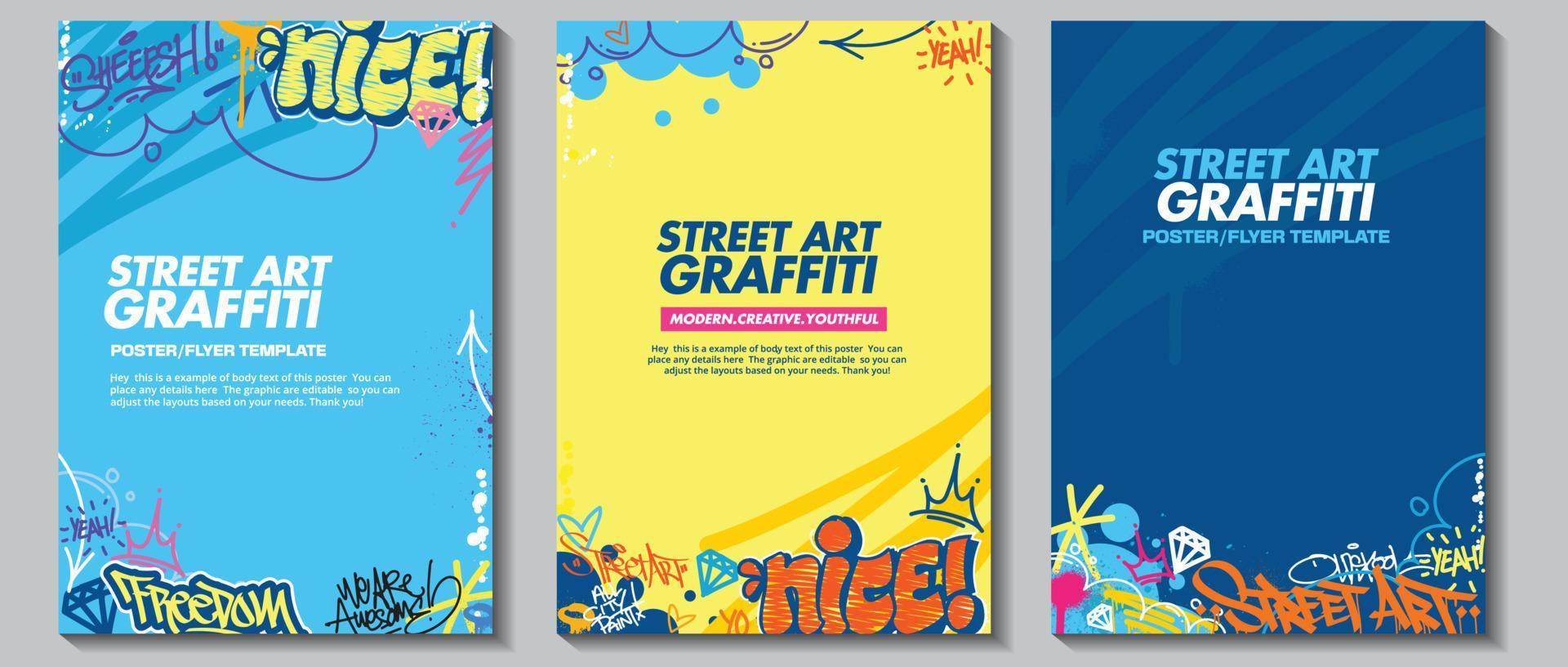 Modern graffiti art poster or flyer design with colorful tags, throw up. Hand-drawn abstract graffiti illustration vector in street art theme