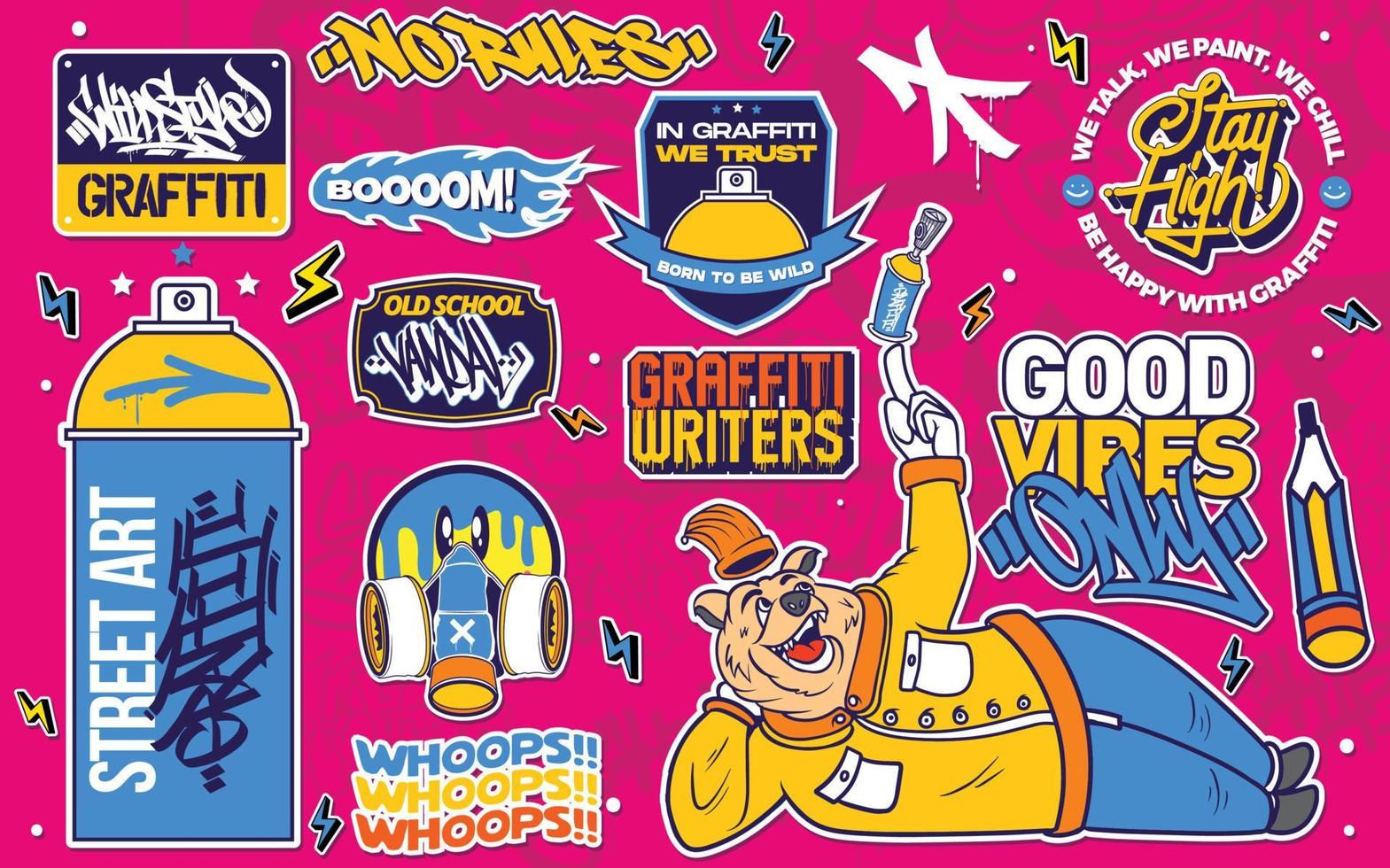 A set of colorful or vibrant graffiti art stickers. Street art theme, urban style for T-shirt design, graffiti design for wallpaper, wall art or print art designs. vector