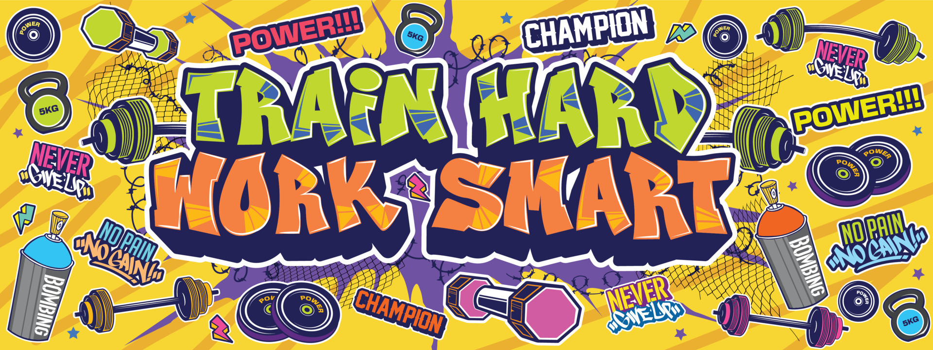 Graffiti illustration wall art. Colorful design for gym, motivation