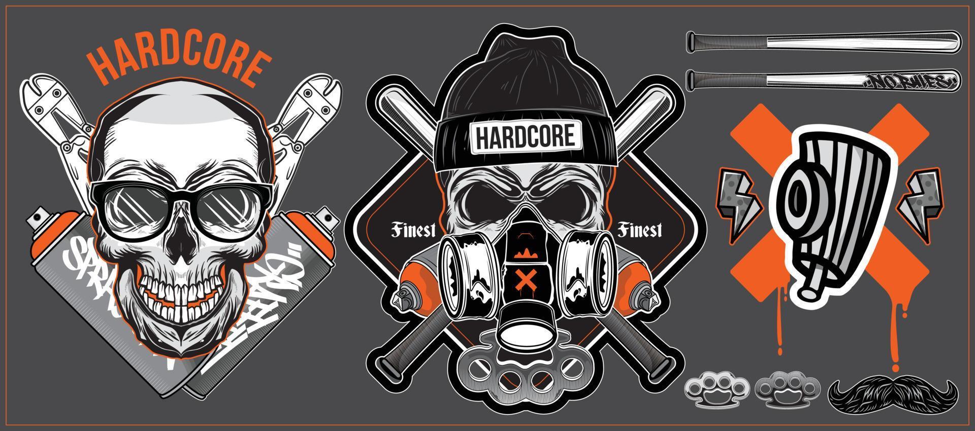 A set of graffiti artwork. Skull badass illustration. Ghetto style and graffiti urban street art theme vector