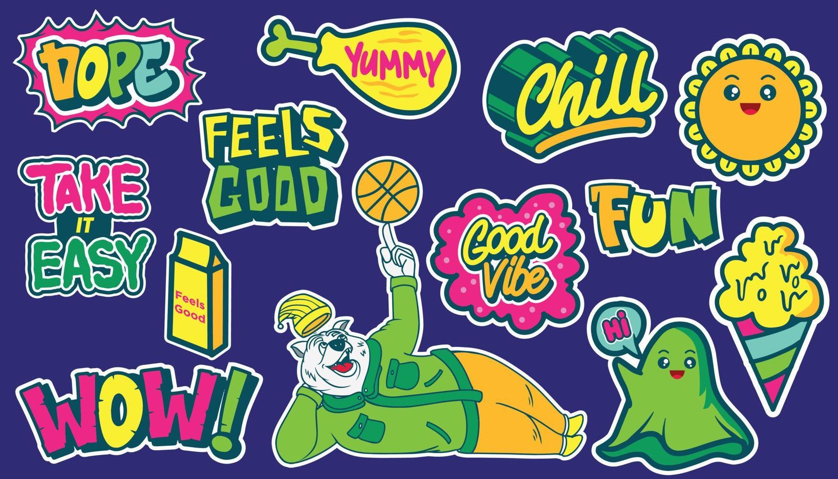 A set of colorful or vibrant graffiti art stickers. Street art theme, urban style for T-shirt design, graffiti design for wallpaper, wall art or print art designs. vector