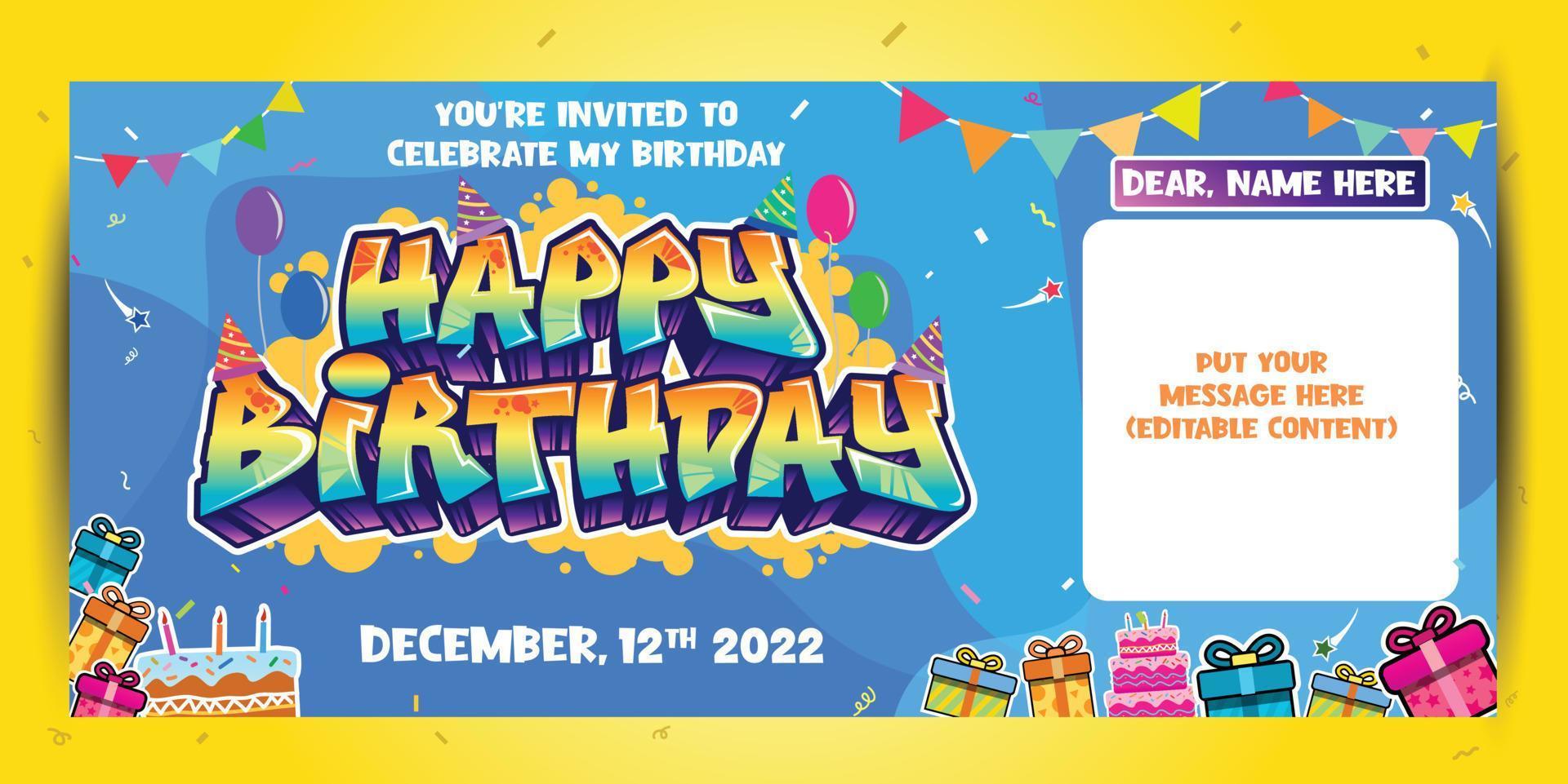 Happy Birthday greeting text in graffiti style. Colorful street art theme illustration, Social media design, greeting, poster with vibrant color for wall art and background vector