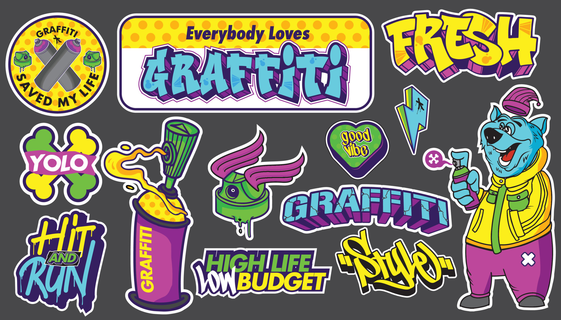 A set of colorful or vibrant graffiti art stickers. Street art theme, urban style for Tshirt