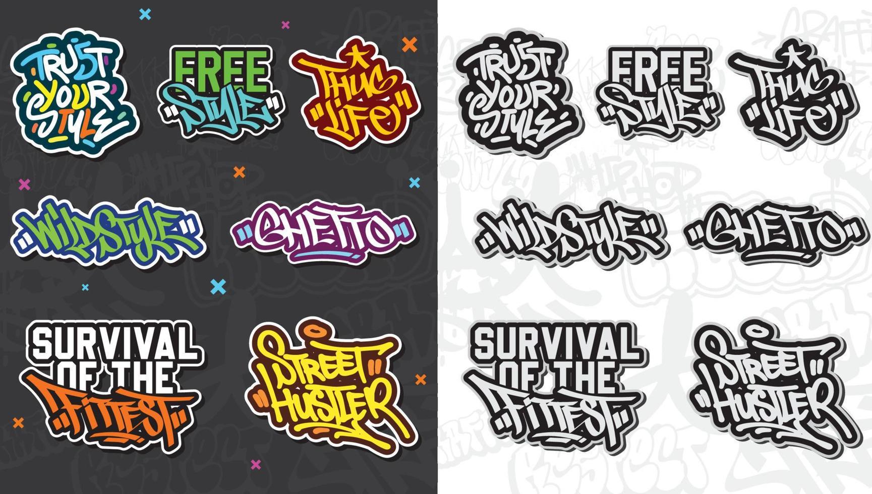 A set of colorful or vibrant graffiti art stickers. Street art theme, urban style for T-shirt design, graffiti design for wallpaper, wall art or print art designs. vector