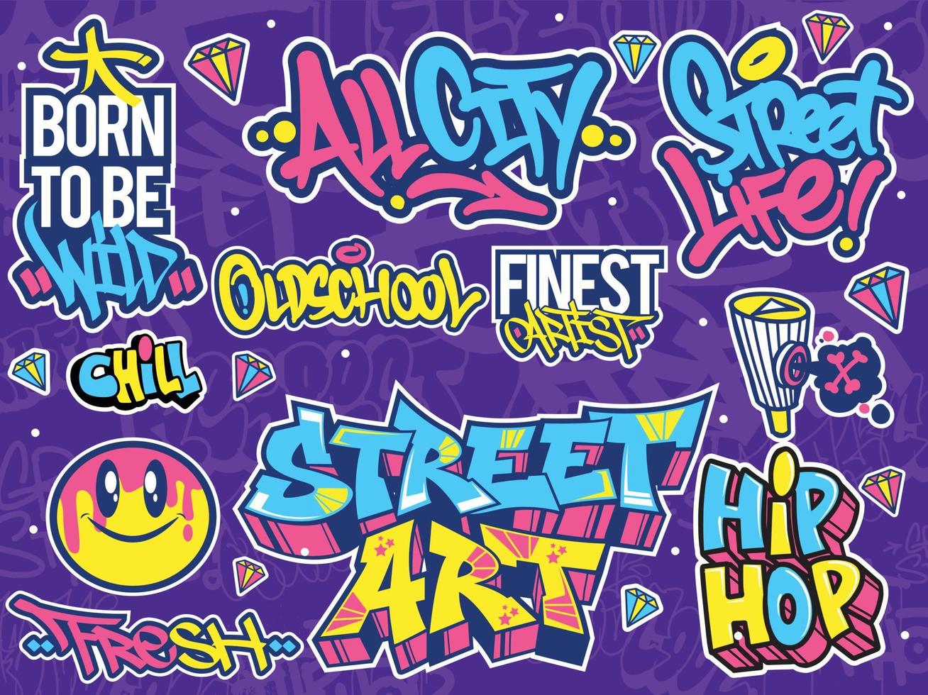 un conjunto de pegatinas de graffiti coloridas o vibrantes. tema de arte callejero, estilo urbano para el diseño de camisetas, diseño de graffiti para papel pintado, arte mural o diseños de arte impreso. vector
