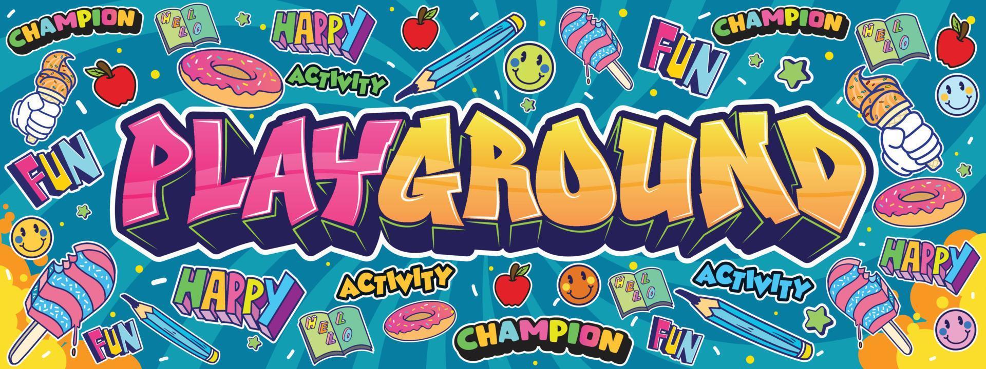 Playground wall art in graffiti urban street art theme. Colorful and cute design illustration vector