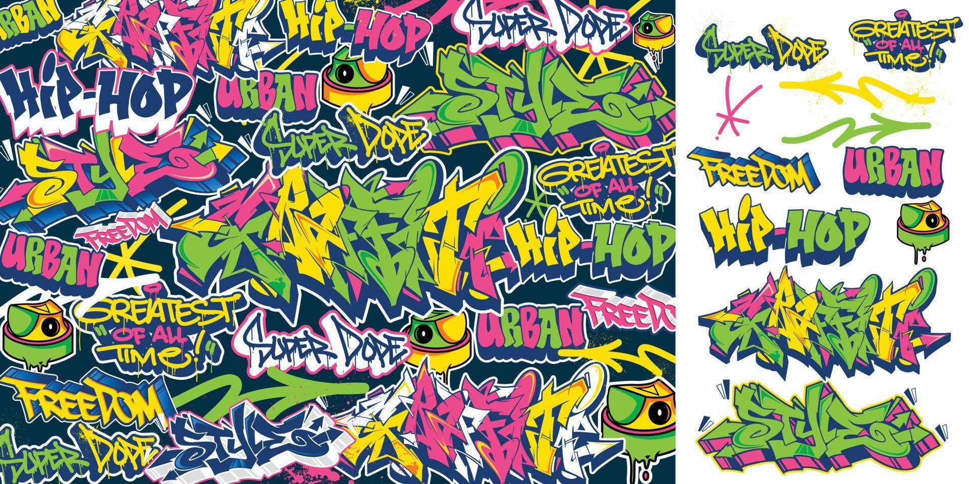 un conjunto de pegatinas de graffiti coloridas o vibrantes. tema de arte callejero, estilo urbano para el diseño de camisetas, diseño de graffiti para papel pintado, arte mural o diseños de arte impreso. vector