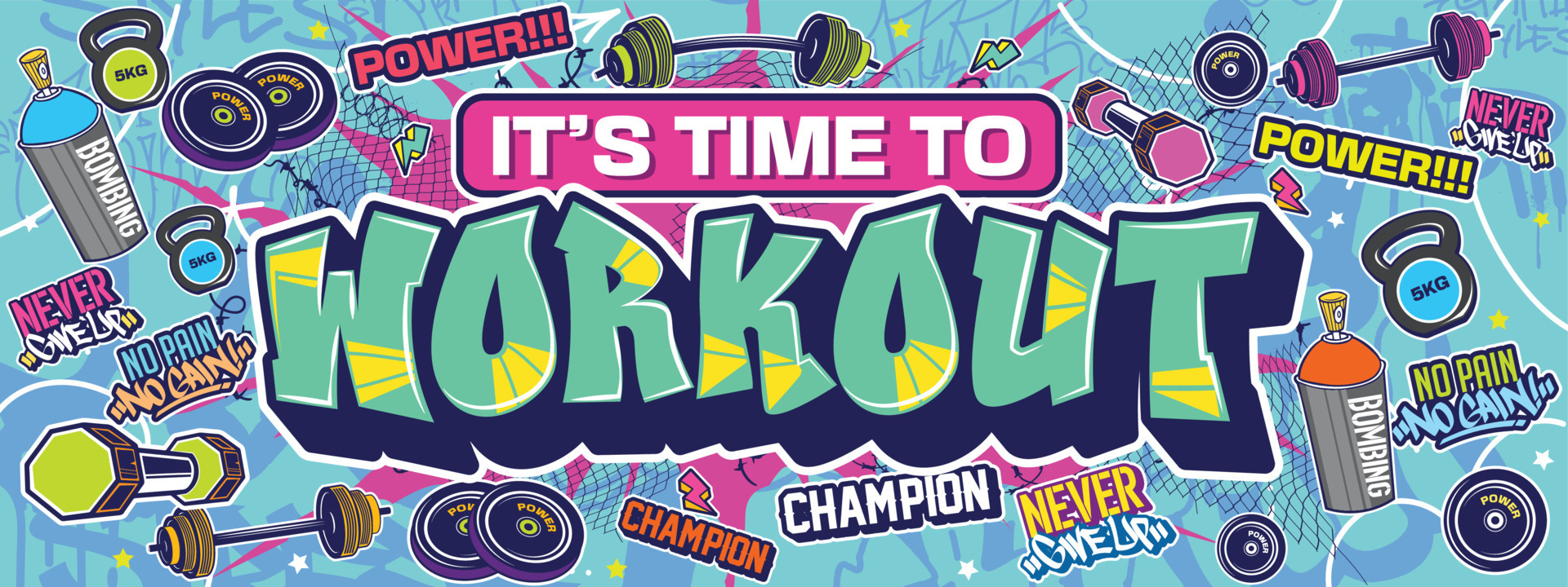 Graffiti illustration wall art. Colorful design for gym, motivation