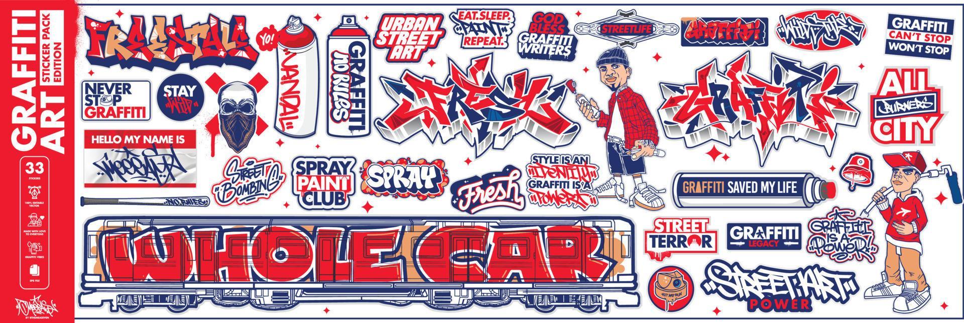 A set of colorful or vibrant graffiti art stickers. Street art theme, urban style for Tshirt